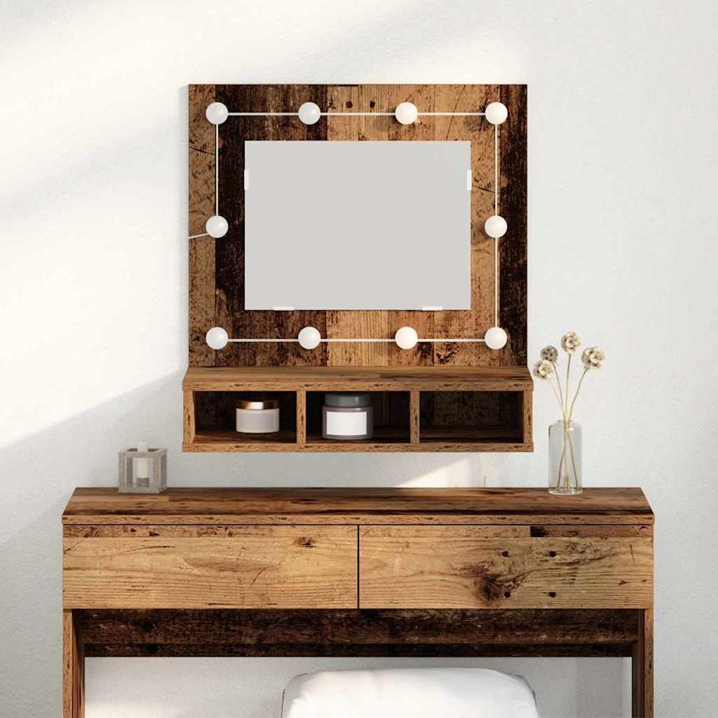 Szafka z lustrem, stare drewno z materiału drewnopochodnego, 60 x 31,5 x 62 cm, montaż ścienny, oświetlenie lustra z USB, 3 półki, miejsce do przechowywania do łazienki i przedpokoju