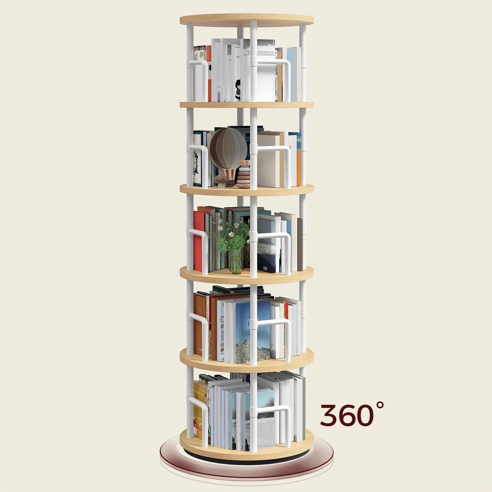 MAHANCRIS Estantería Giratoria de 5 Niveles, Display girevole a 360°,Librería de Pie con Barras de Seguridad, para Sala, Dormitorio o Despacho, Madera Natural y Blanco ABKBN4501