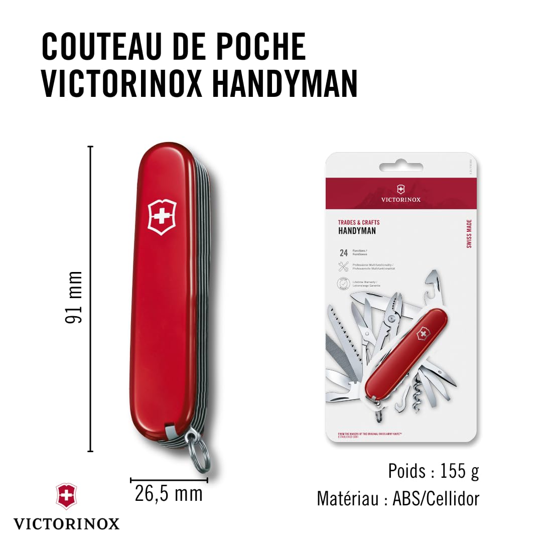 Victorinox Handyman, Swiss Army Knife, Couteau multifonction, Léger, Multitool, 24 Fonctions, Grand Lame, Tire Bouchon, Metal Voir