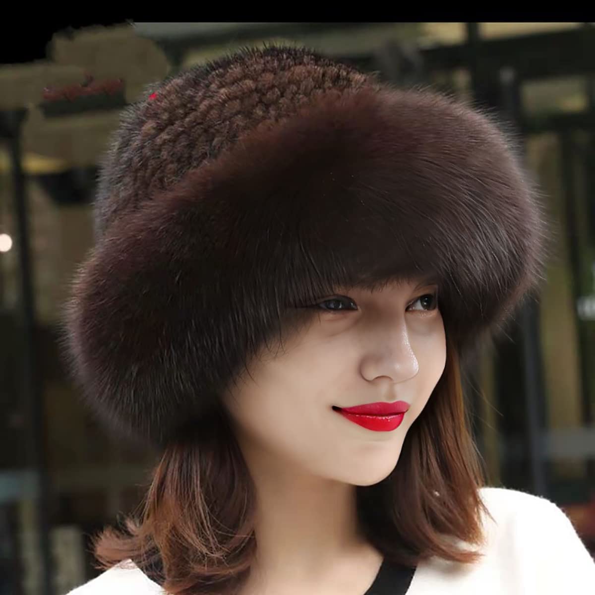 YXCFEWD Mink Hat Real Fur Hat Knit Furry Womens Russian Hat Fur Hat for Women with Elastic