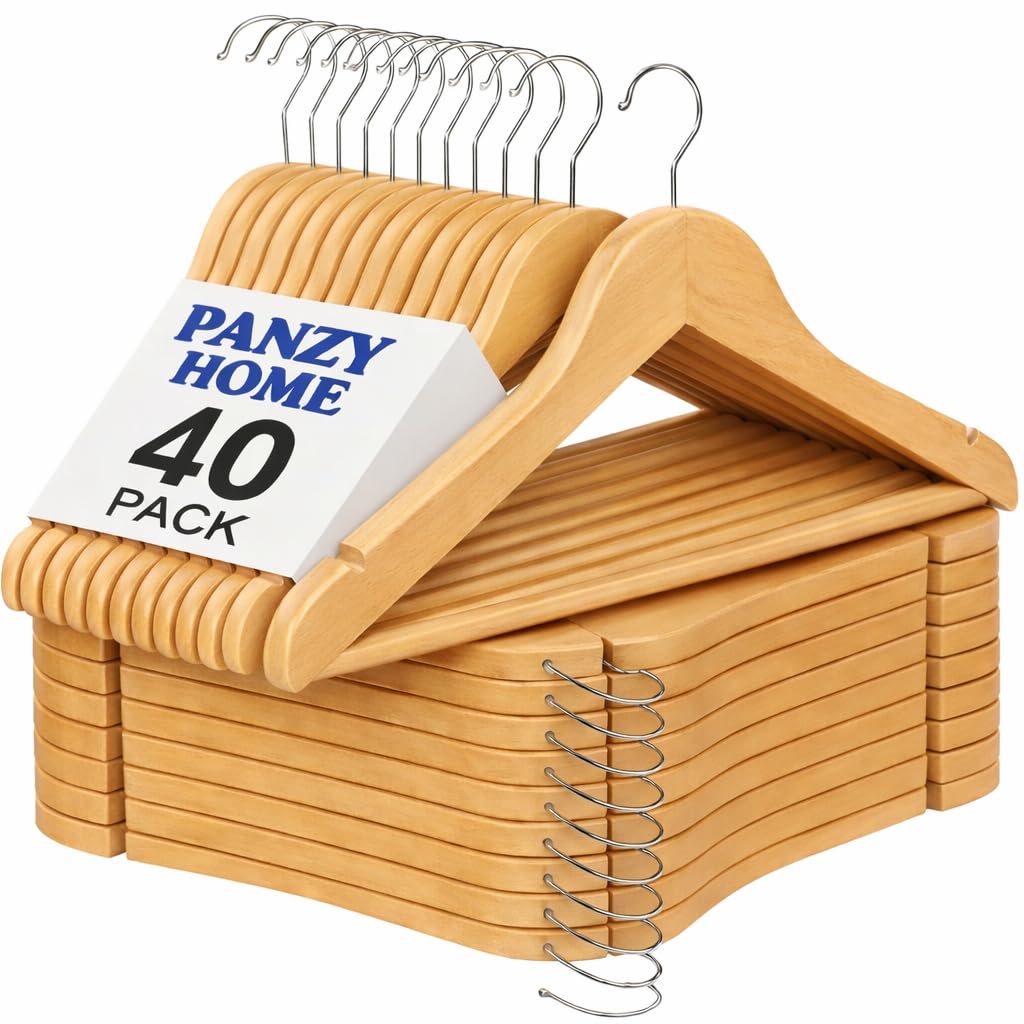 40 Pack Wooden Hangers, Coat Hangers, Clothes Hangers, with Shoulder Notches, Trousers Bar, 360° Swivel Hook, for Suits, Shirts, Coats, Natural (40 Pack Natural)
