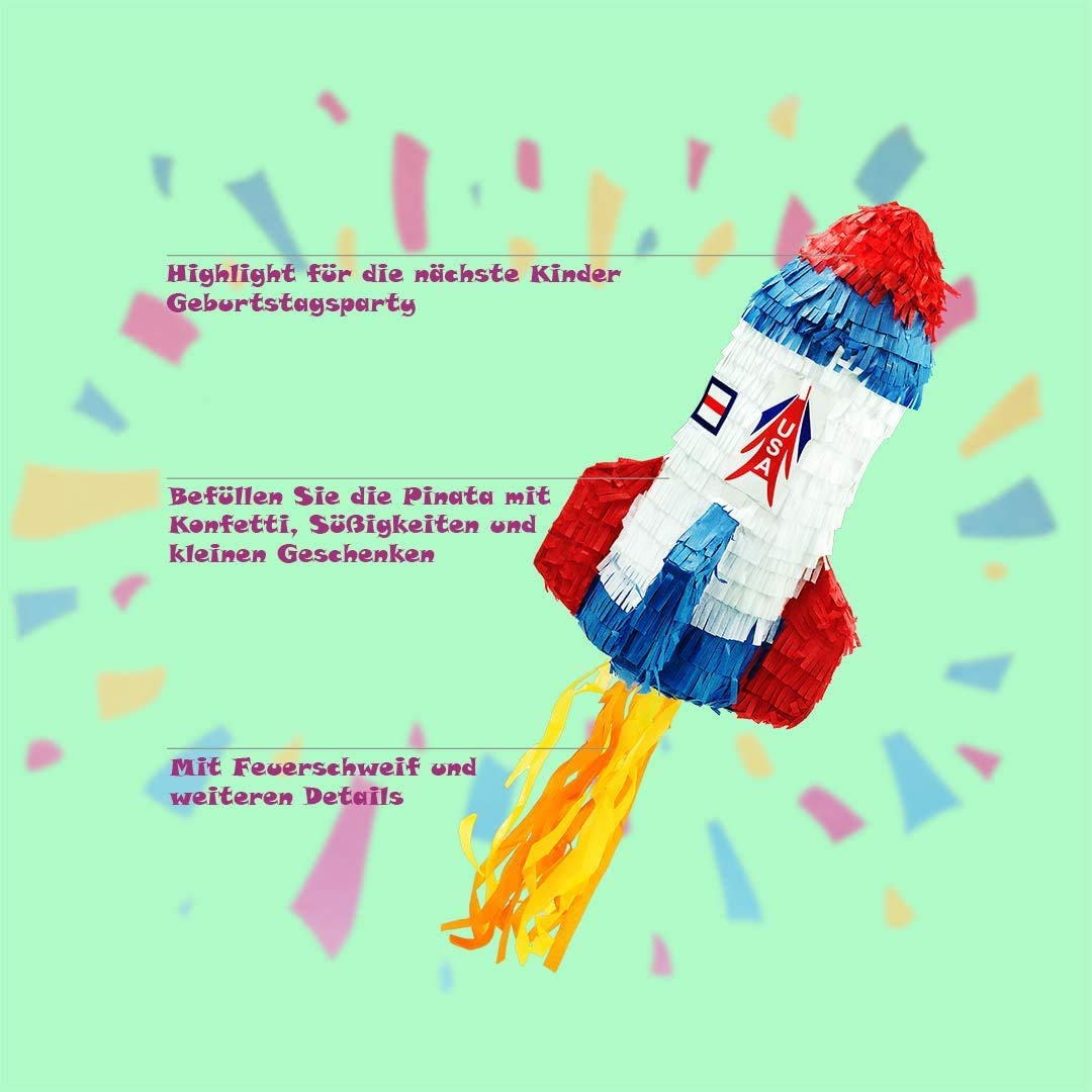 Trendario Pinata Set Rakete, Pinjatta + Stab + Augenmaske, Ideal zum Befüllen mit Süßigkeiten und Geschenken - Piñata für Kindergeburtstag Spiel, Geschenkidee, Party, Hochzeit