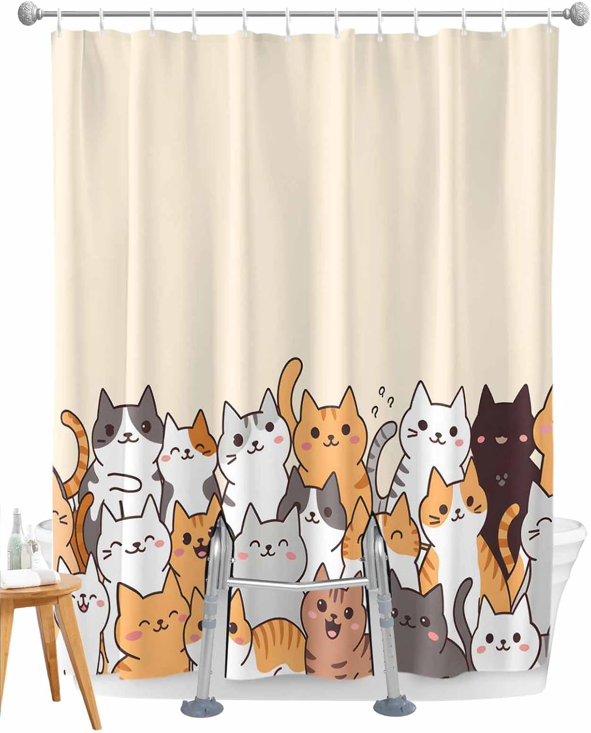 Animal Split Shower Curtain for Transfer Bench, Cartoon Blush Cat Bathroom Curtain for Bathtub Transfer Chair 72x72 Inch Shower Curtain Set with Hooks and 2 Vertical Slits