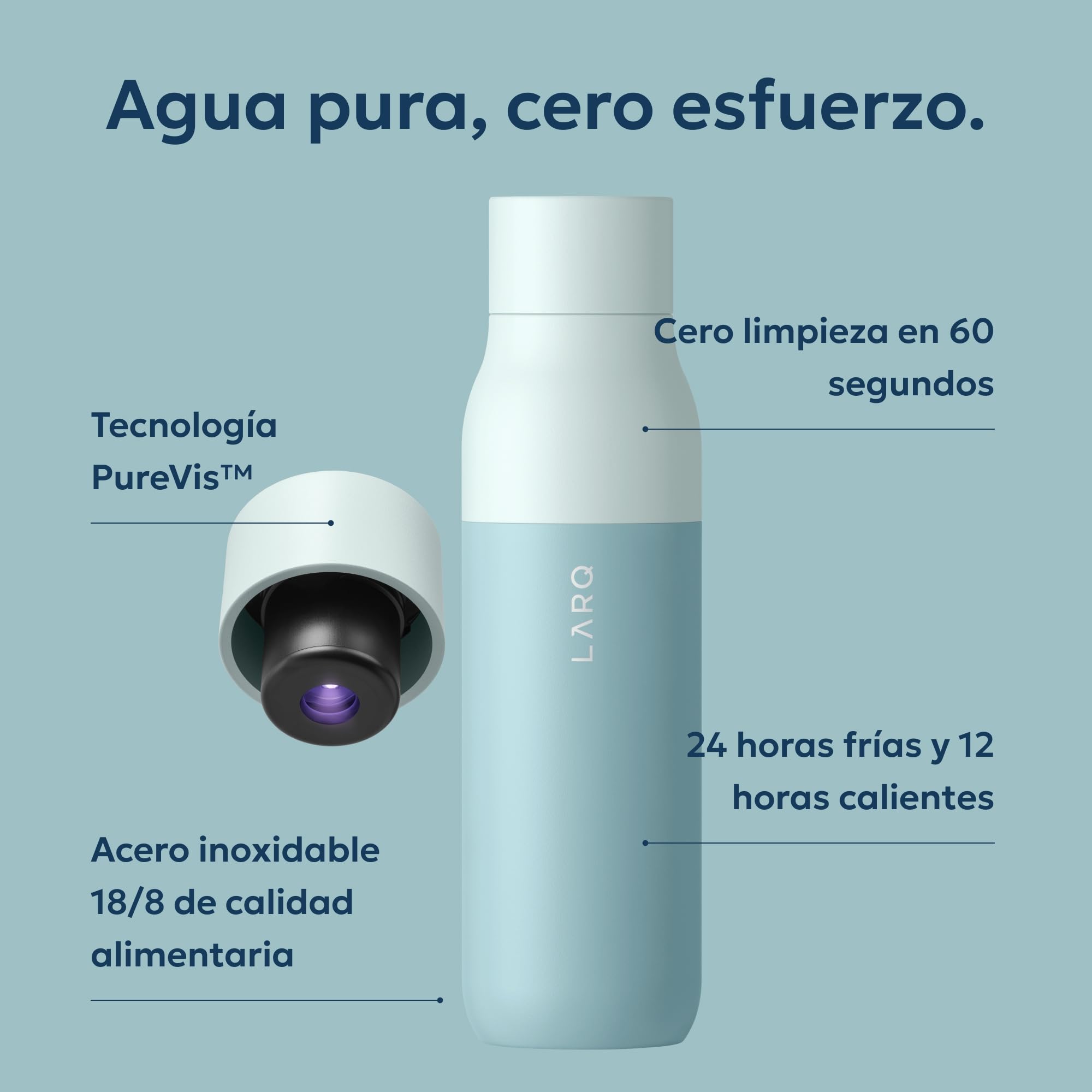 LARQ PureVis 500ml – Botella Térmica Autolimpiable con Purificador de Agua UV-C – Acero Inoxidable de Doble Pared – Hermética – Mantiene Frío y Calor – Diseño Premiado - Seaside Mint