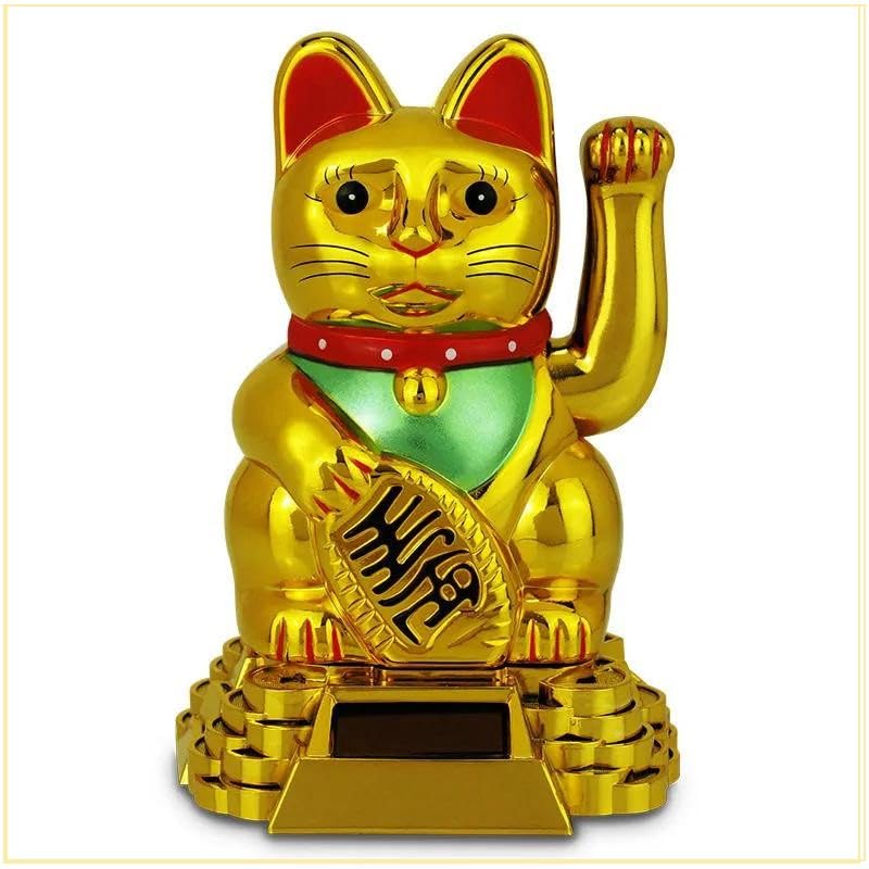 THP DEALS Lucky Cat Waving Moving Arm Solar Power Chinese Oriental Maneki Neko Feng Shui Money Decoration Dancing Cats Chinese Gift, for Welcoming Fortune Luck Wealth Prosperity (Gold)