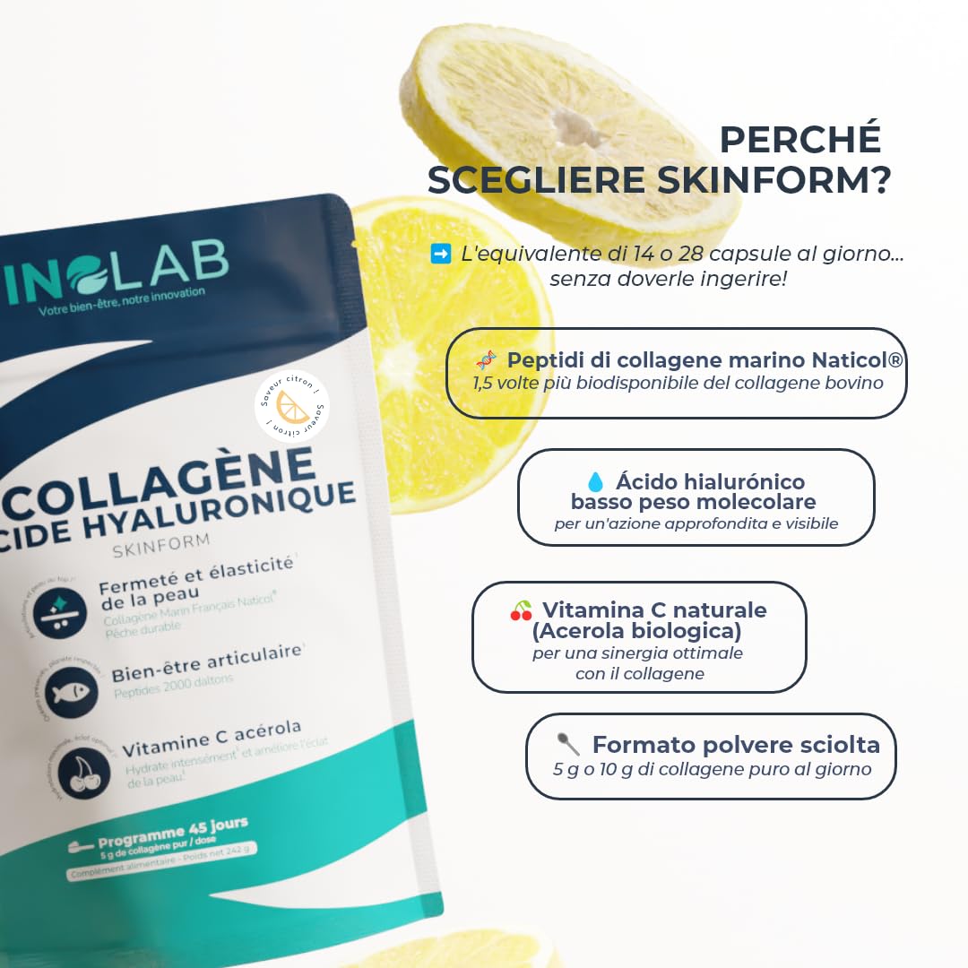 INOLAB collagene marino con acido ialuronico | Peptidi di Collagene idrolizzato 2000 Da | Collagene da bere in Polvere con Vitamina C Naturale | 45 Dosi 242g | Aroma naturale Limone