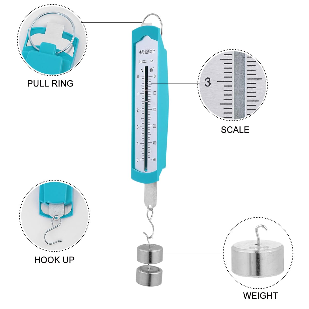 Gatuida Dinamometro 5N Meter Spring Dinamometer Bar, 10 Pezzi 50g Grams Calibrazione Peso Kit, Struttura Standard Per Esperimenti Meccanici Physics