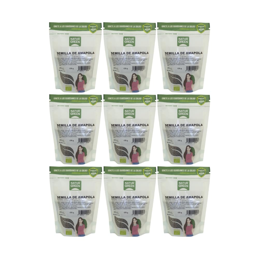 NaturGreen - Semillas de Amapola Azul Bio, Pack 9 x 175 g, Alimento Ecológico, Sin Gluten, Alta en Fibra y Proteína, 100% Natural, Vegana, Ideal para Repostería, Panes y Ensaladas