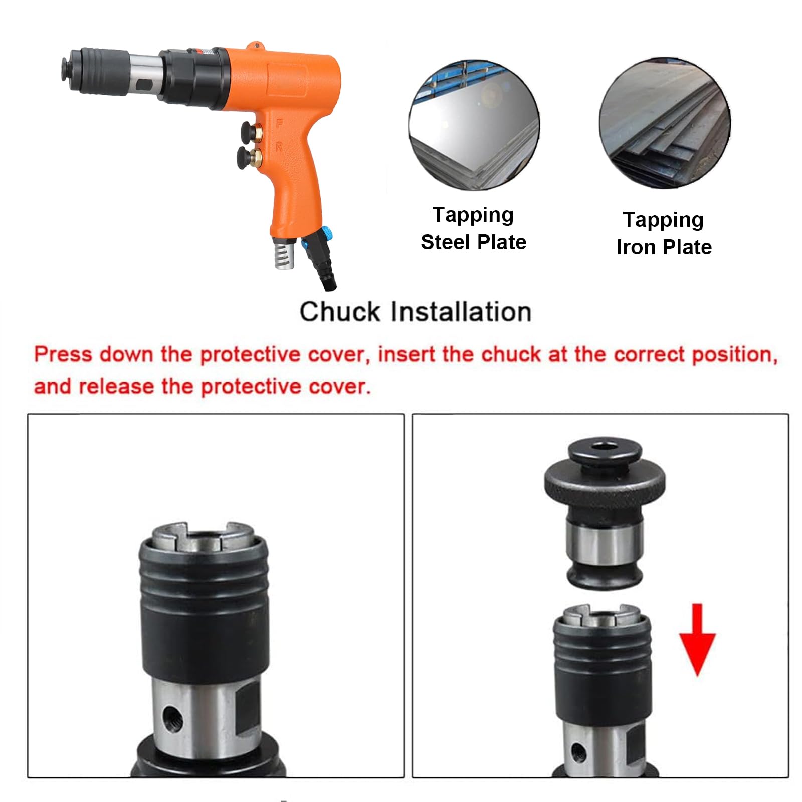 Roscadora Neumática (M3-M12), Roscadora Manual, 2 En 1 (taladrado Y Roscado), Velocidad Ajustable/Cabezal Autoblocante, Fijación (sin Desprendimiento), para Acero Y Hierro,Orange