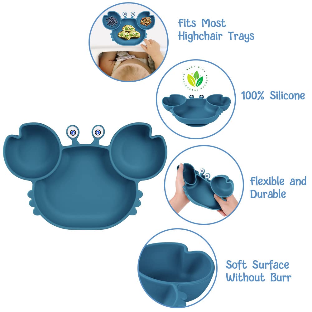 Vicloon Piatto per Bambini in Silicone, Piatto con Ventosa per Bambini, Piatto Svezzamento senza BPA, Piatti Divisi per Bambini Adatto alla Maggior Parte dei Tavoli e Seggioloni, Blu Navy