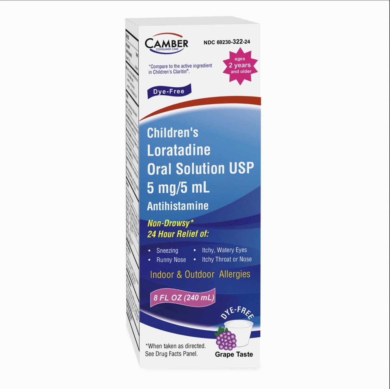 Camber Children’s Allergy Medicine, Dye-Free, Non-Drowsy 24h Relief of Sneezing, Runny Nose, Itchy Watery Eyes, Itchy Throat or Nose, Indoor & Outdoor Allergies, Grape Flavor