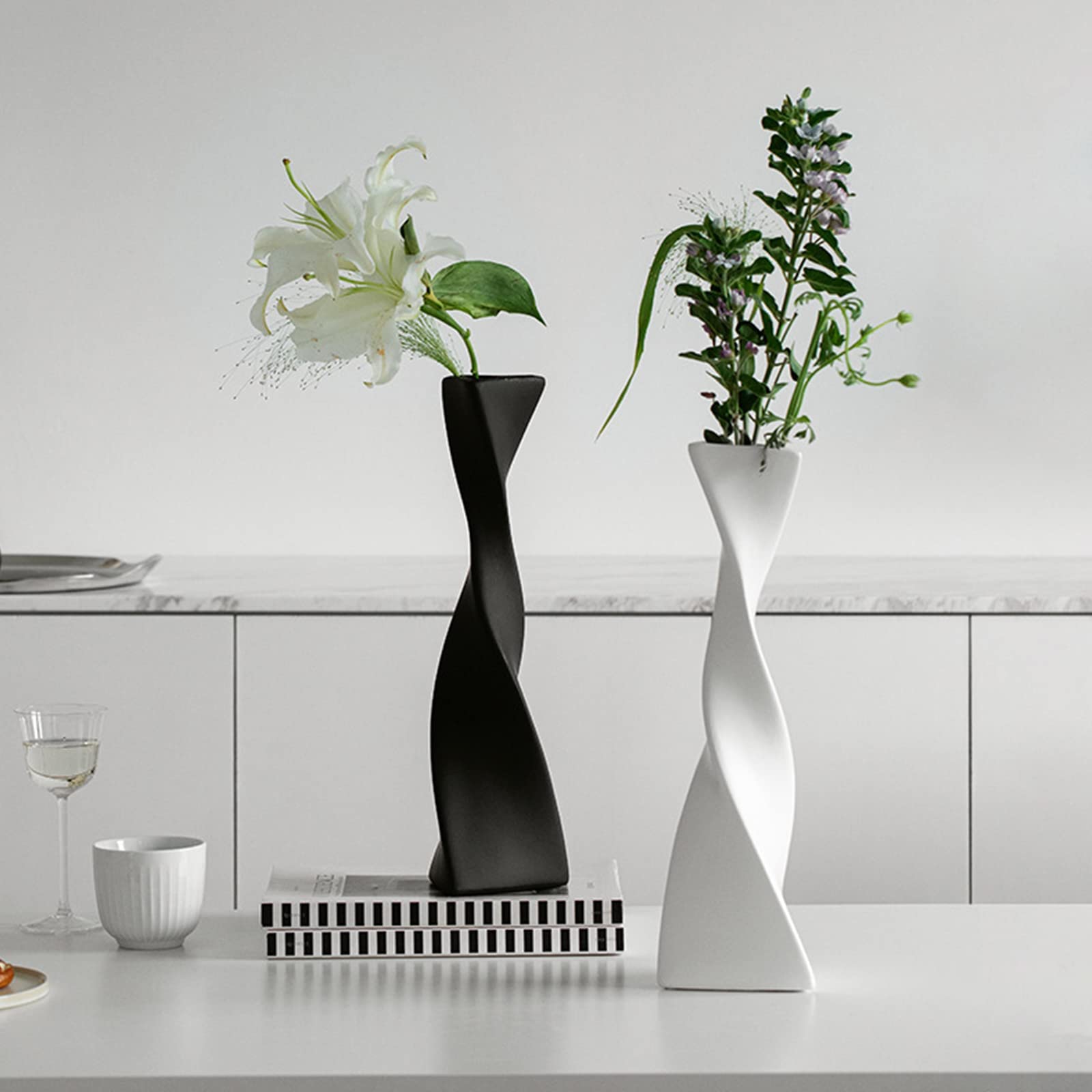 Cutfouwe Schwarze/Weiße Vase-Große Bodenvase-2er Set Moderne Keramik Vase für Pampasgrasfür Wohnzimmer, Küche, Tisch, Hochzeit oder als Geschenk, Höhe 40 cm,Vasen Set