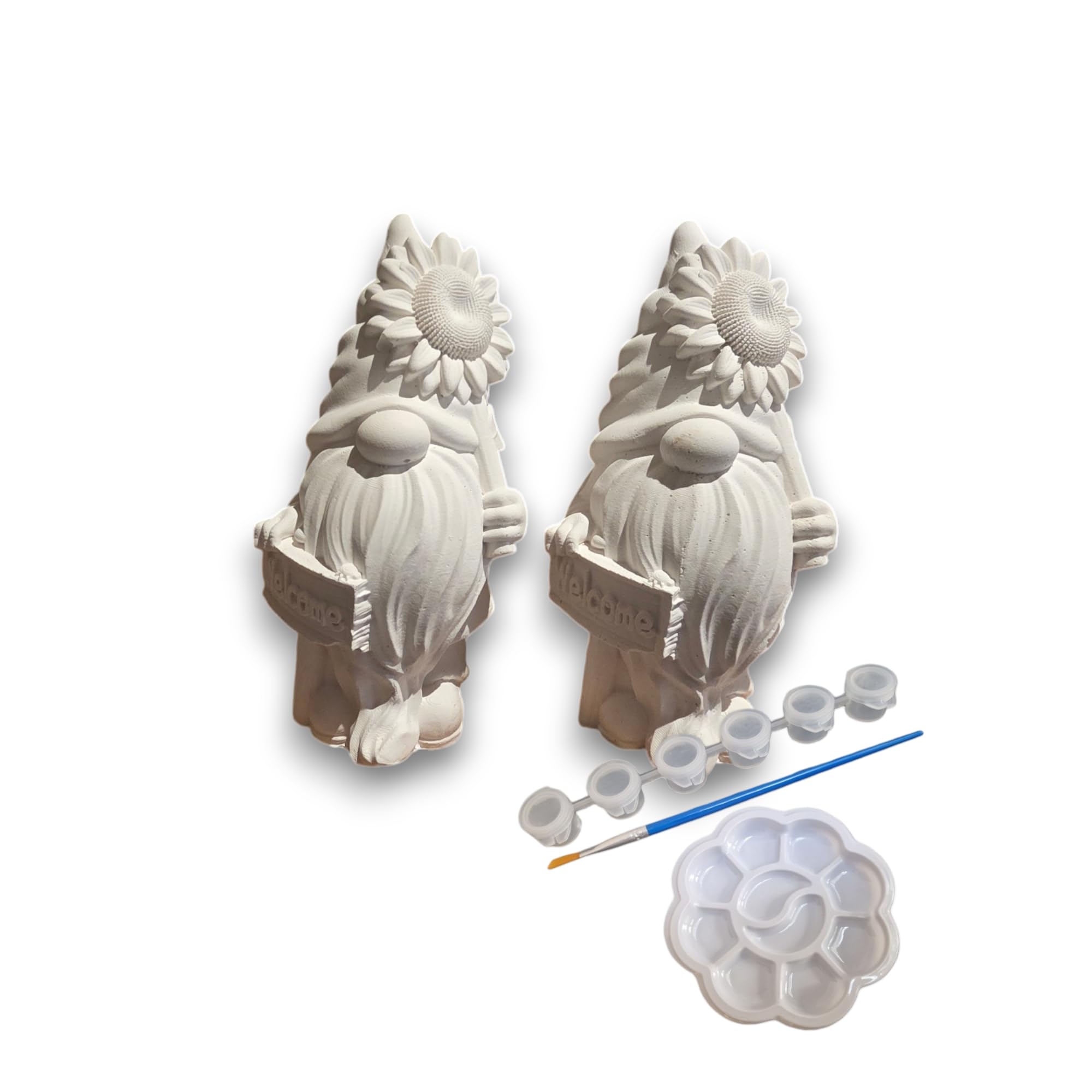 Paint Your Own Sunflower Gnome Figurines, Plaster of Paris, Set of 2, with 6 Colours, Brush and Palette, 11 x 6.5 x 5.5 cm- Paint Your own gnome Pottery