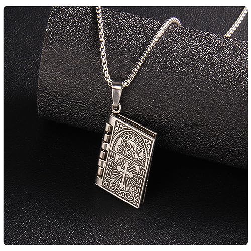 Holy Bible Book Pendant Necklace for Men Women Stainless Steel Hypoallergenic Retro Scripture Miniature Readable Bible Openable Prayer Verse Adjustable Chain Necklace for Religious Christian Jewelry Gifts3