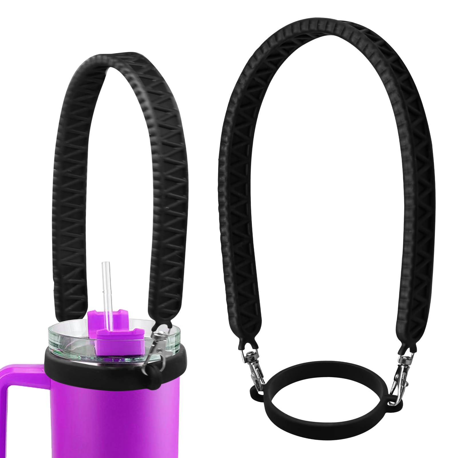 Water Bottle Holder With Strap - Silicone Carrier Sling Handle for 8-40oz Bottles - Compatible With Stanley Cup Accessories (Black)