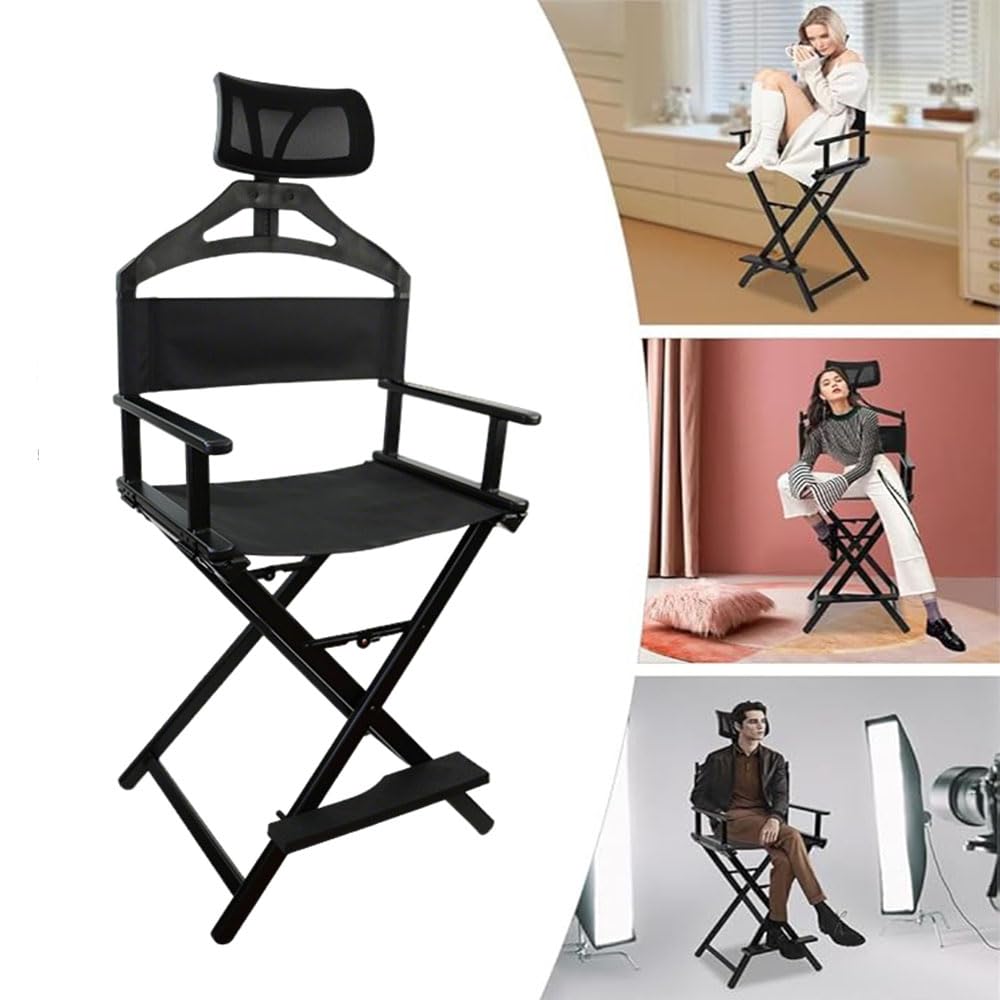 Sedia pieghevole da trucco con poggiatesta, sgabello professionale in alluminio, capacità 150 kg, perfetta per studi, set cinematografici, giardini e campeggio.