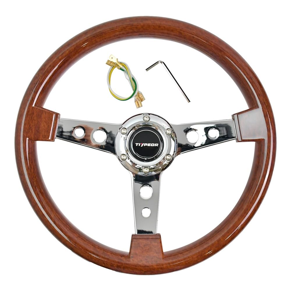 Klassisches Holzlenkrad, 350 mm (14 Zoll), universell einsetzbar, für Rennwagen, Retro-Design, 3 Speichen, 6 Schrauben, mit Hupenknopf, für Oldtimer-Modifikationen, Sim Driving, Motorsport und JDM.
