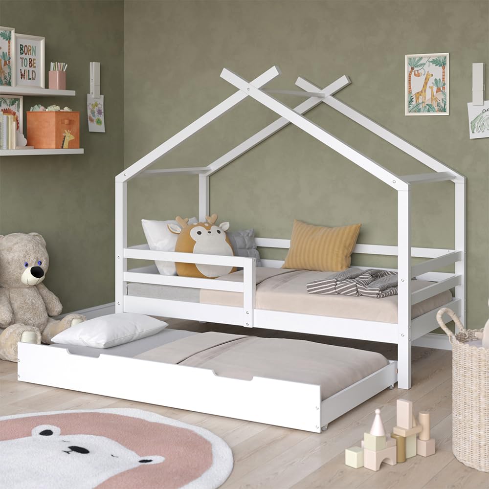 VitaliSpa Cama en Forma de casa Luni, Blanco, 160 x 80 cm | con cama extraíble para invitados, como un pequeño hogar para un ambiente cálido