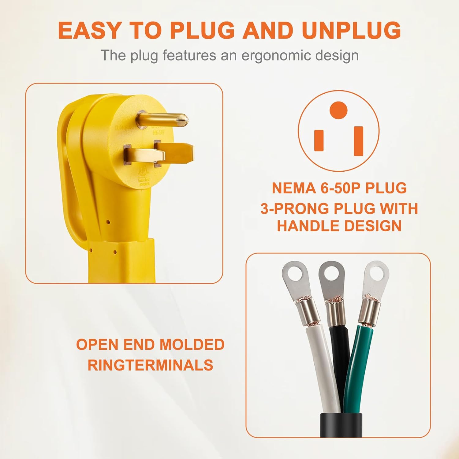 NEMA 6-50 Replacement Power Cord, STW 6AWG/3C Heavy Duty 3 Prong 250V 6-50P Pigtail Cord for Tesla EV Charger Welder Garage Heater, 4FT, ETL Listed