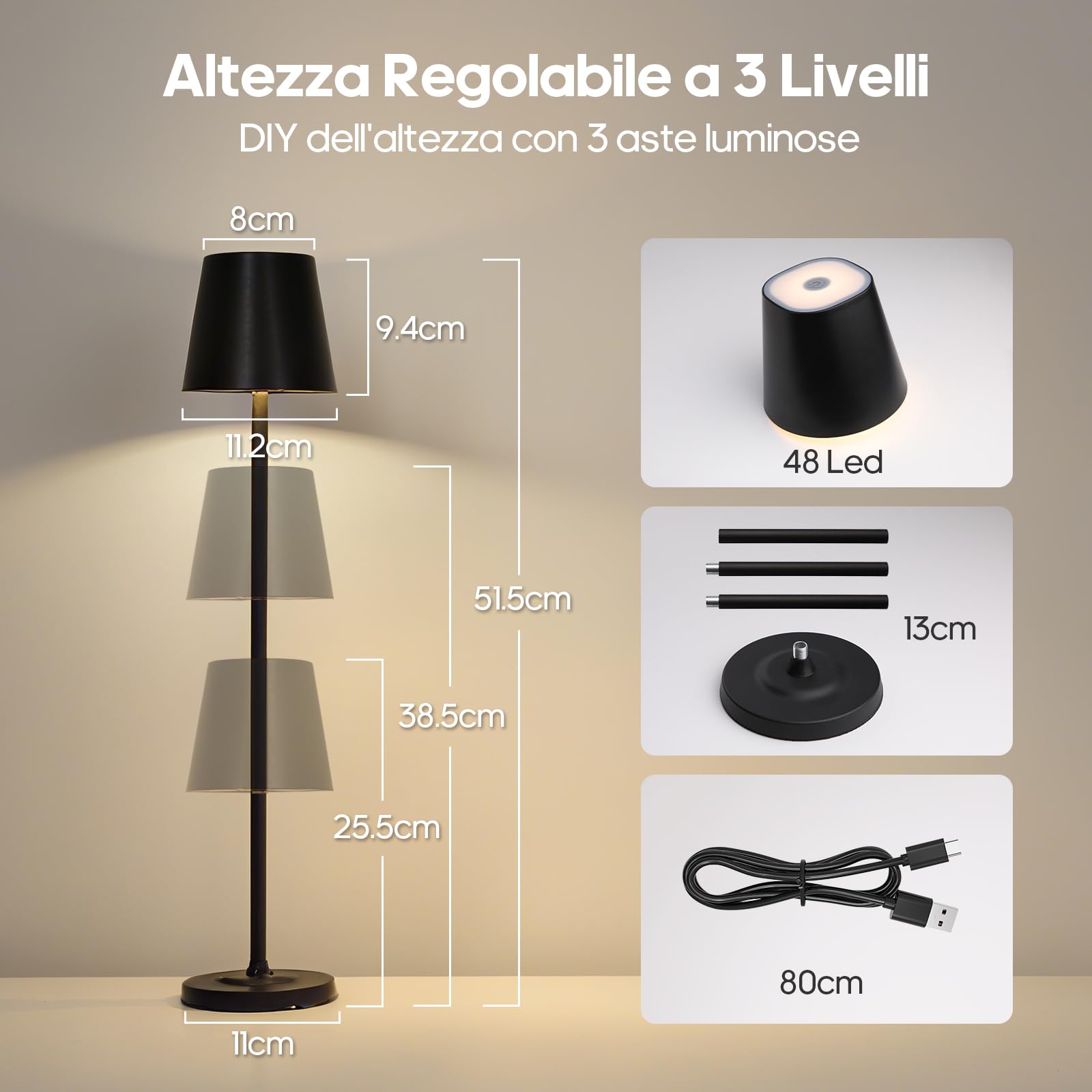 GOODEA 3 in1 Lampada da tavolo senza fili, 3 altezze regolabili e 3 temperature di colore-5500 mAh, dimmerabile senza palo, lampada da tavolo ricaricabile per interni ed esterni, con USB - C [2, nero]