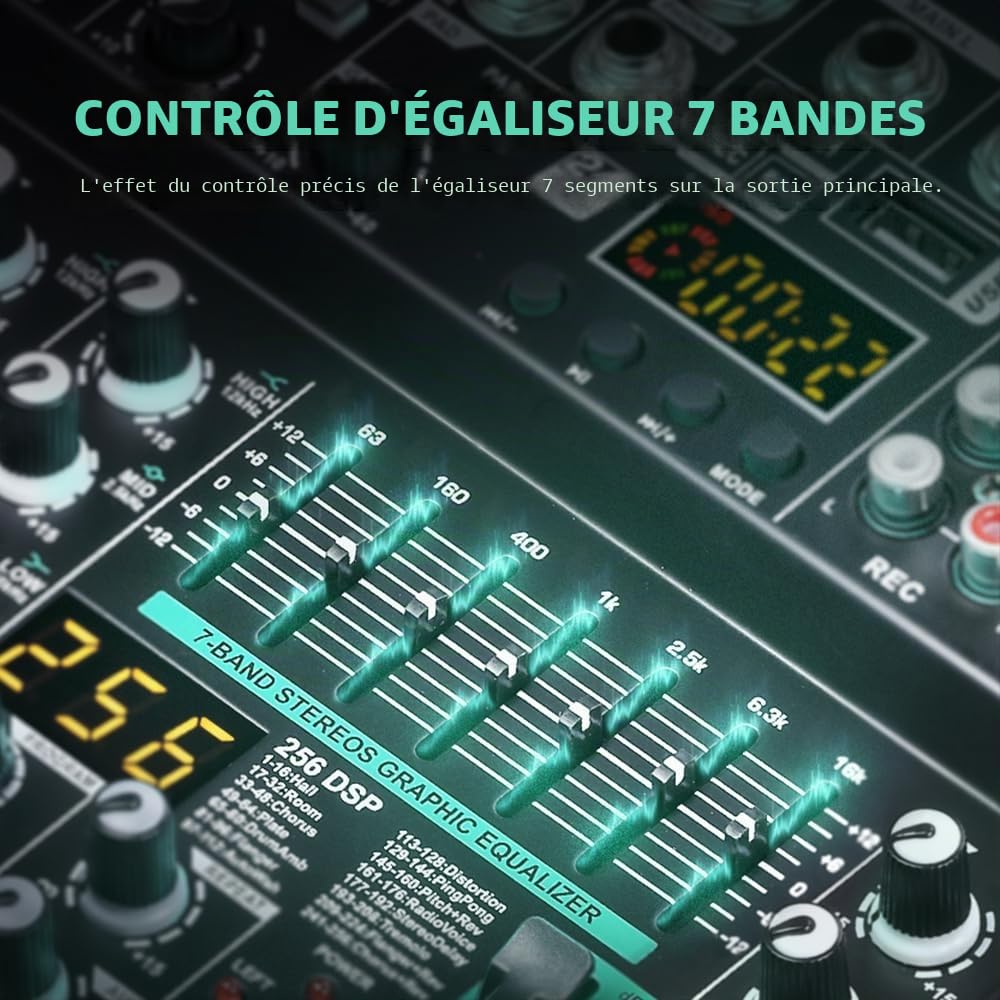 BOMGE Table de mixage audio professionnelle, console de son, système de bureau, interface 8K, USB, Bluetooth, entrée ordinateur MP3, 48 V, alimentation fantôme, stéréo, studio DJ, FX 256 bits DSP pour