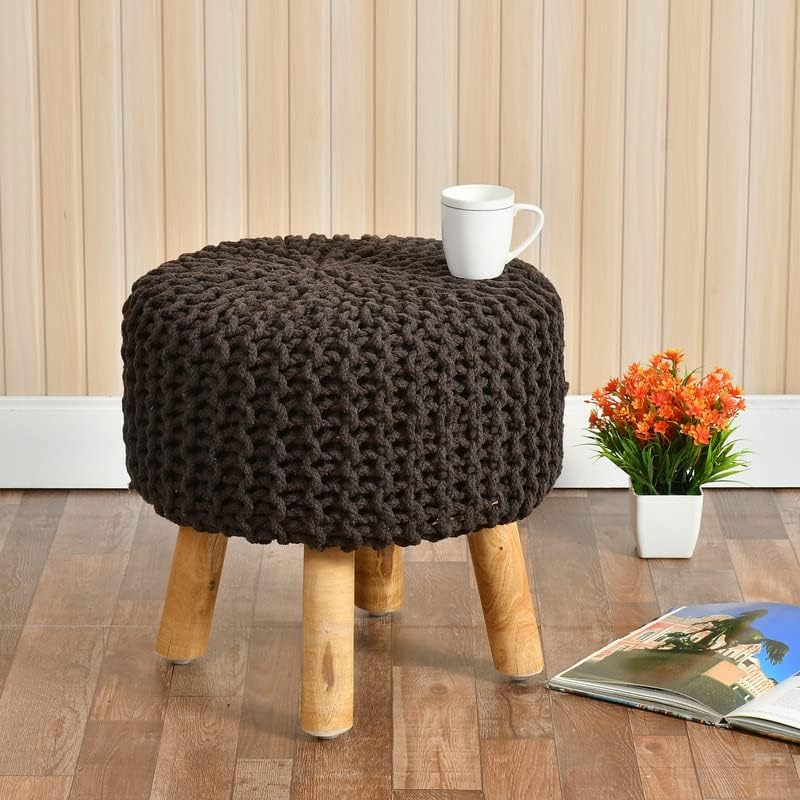 NeyvoraDecor Hand Knitted Pouf Stool with Wooden Legs | Ottoman Foot Rest & Extra Seating Stool | Boho Living Room, Bedroom & Balcony Decor | Round Pouffe (30 x 30 x 50 cm)-image-22