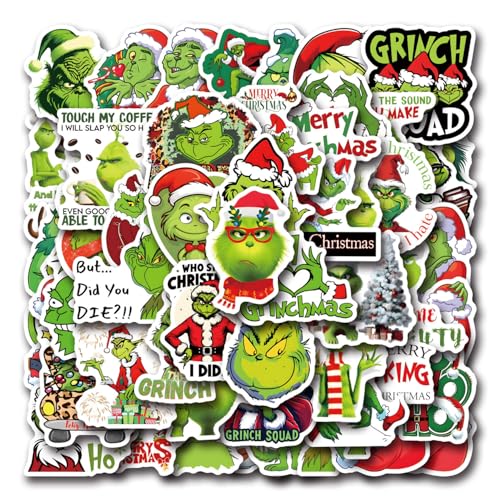 55pcs Christmas Grinches Popular Stickers for Kids Childrens Cartoon Sticker for Water Bottle Laptop Waterproof Vinyl Decals for Teens Girls Boys (Green-B)