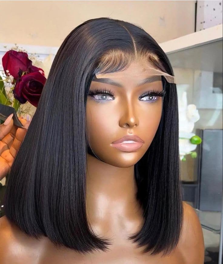FFEGG Bob Wig Human Hair Real 100% Human Hair 180% Density Wigs for Black Women 5x1 Bob Lace Closure Wigs Human Hair Natrural Black 16inch
