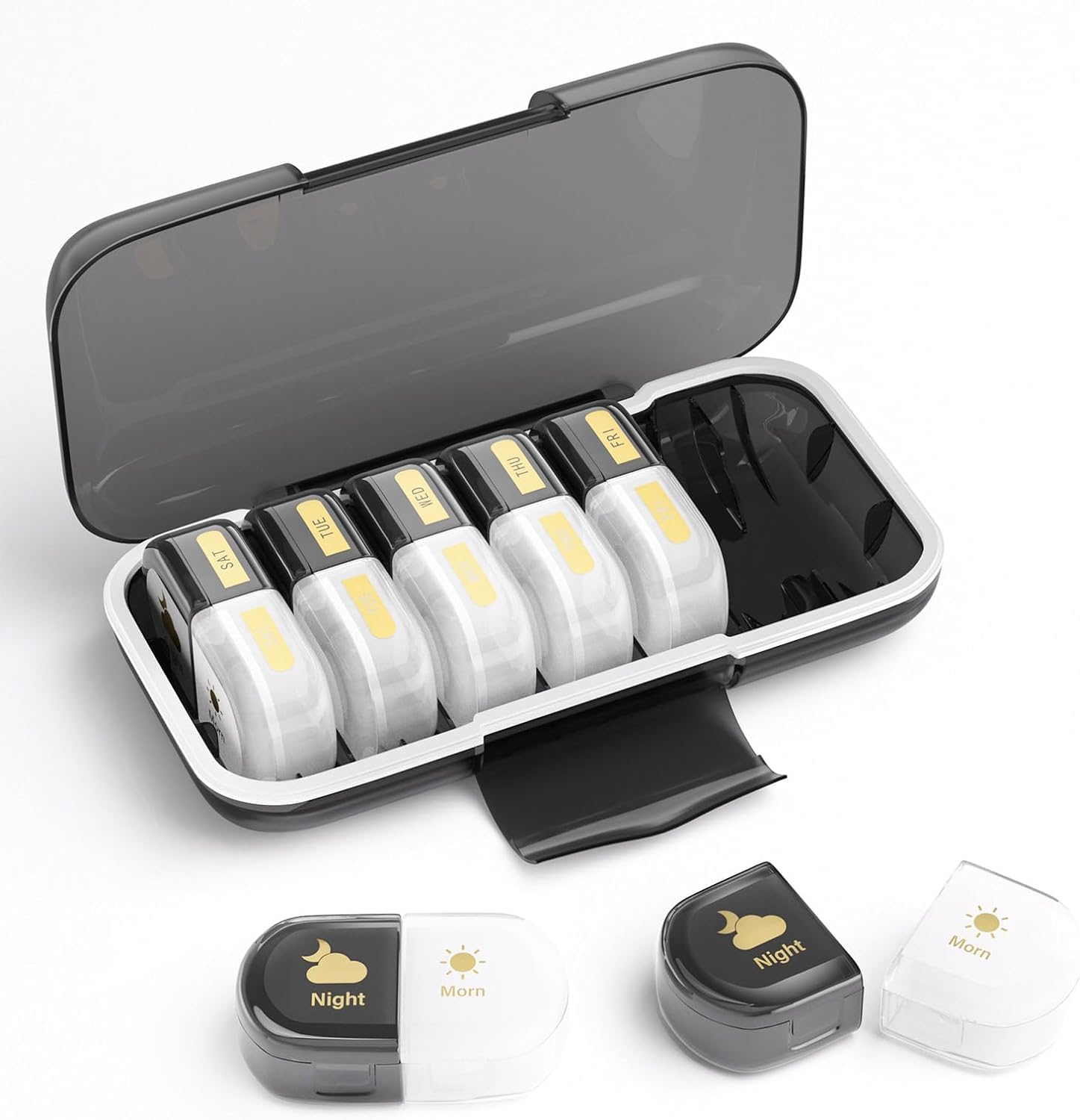 Premium Medicine Organizer Box 2 times a day with Detachable Compartments-Pill Organizer Box for Travel, storing medicines, pills, supplements (Black & White)