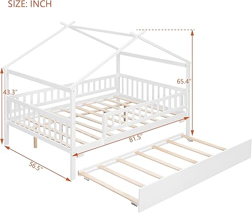 Miniatura 90 de Bellemave Cama de casa tamaño matrimonial con barandillas de valla, marco de cama de madera estilo Montessori para niños, divertidas camas de casa