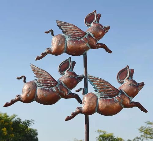 Flying Pig Statues,90'' x 32'' Antique Copper Outdoor Flying Pigs Garden Decor,Metal Pig Sculpture,Wind Spinner,Weather Vane,Yard Art for Patio,Lawn,Garden,Country Cottage,Farm