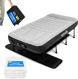 SereneLife Luxe Inflatable Air Mattress with Frame - Wall Plug AC Powered Auto Inflating Pressure Maintaining Pump - Luxury Air Bed Set with Memory Foam Cover, Headrest, Rolling Zip Carry Case