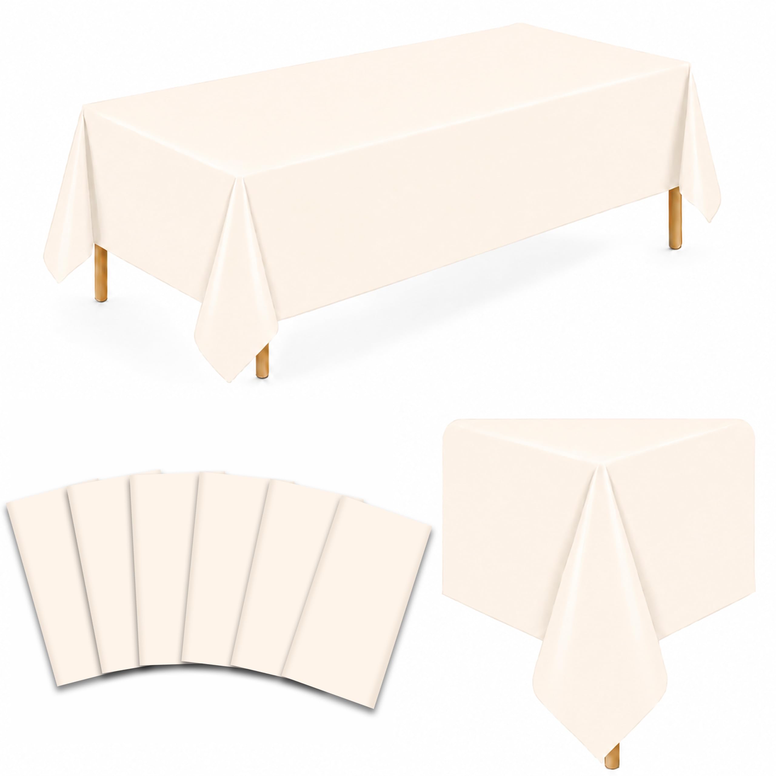 WNINK 6 Pack Ivory Plastic Tablecloths, 54 x 108 Inch Disposable Covers