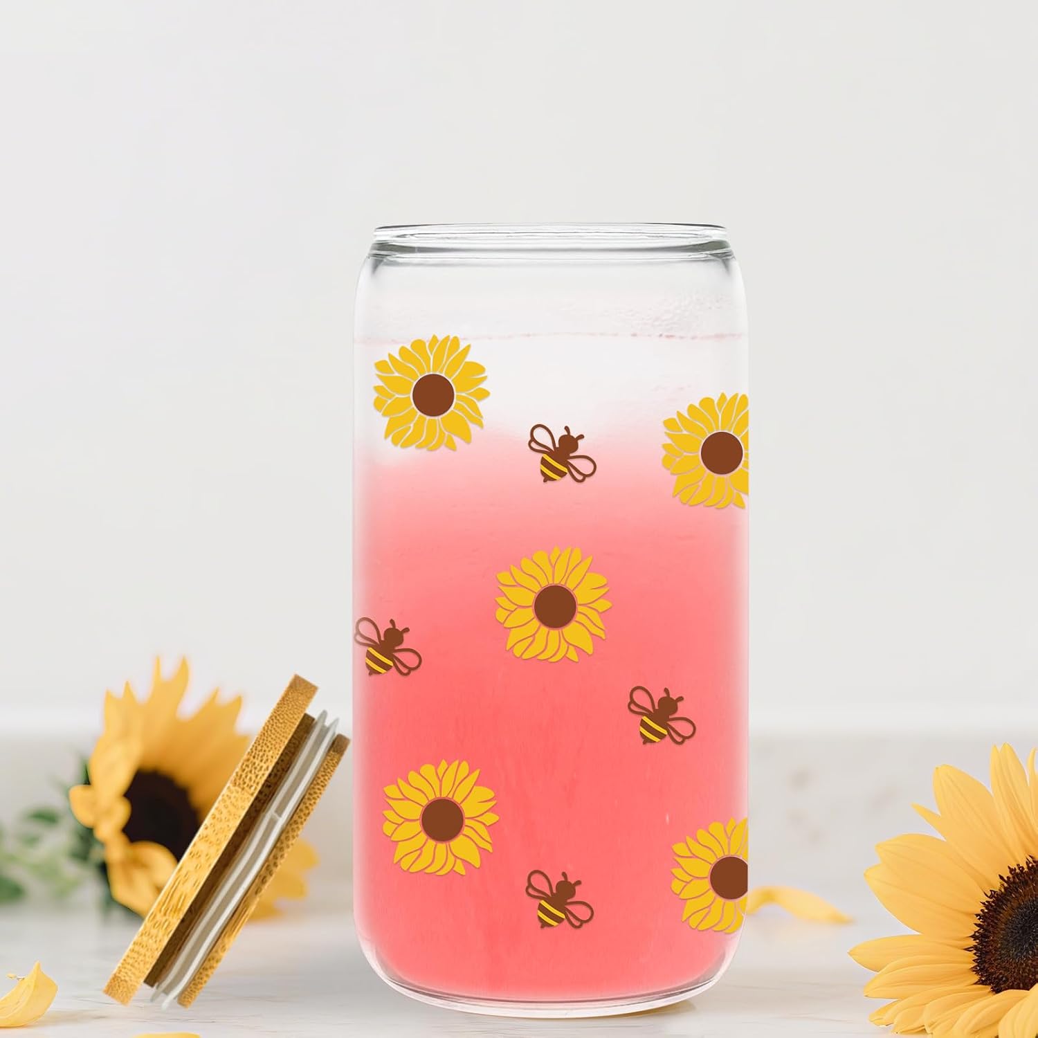 Sunflower Cup for Women - 16oz Summer Flower Bee Glass Cup - Cute Birthday Gift for Sunflower Lovers - Aesthetic Iced Coffee Tumbler for Friend Coworkers Boss Lady