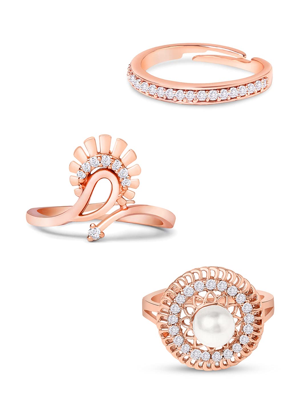 Set of 3 Rose Gold Contemporary Cubic Zirconia Brass Adjustable Rings For Women-ZPFK11173