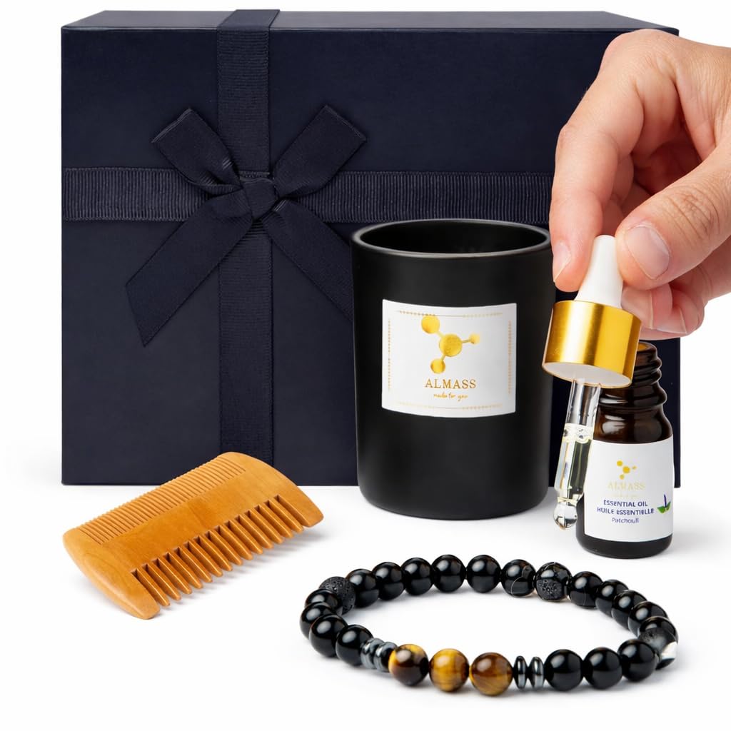 coffret cadeau homme - bijoux homme - ideaa cadeau original : Bougie OUD 100% Naturelle + Bracelet pierres Naturelle Diffuseur huile essentielle + 5ml PATCHOULI+ Peigne en Bois