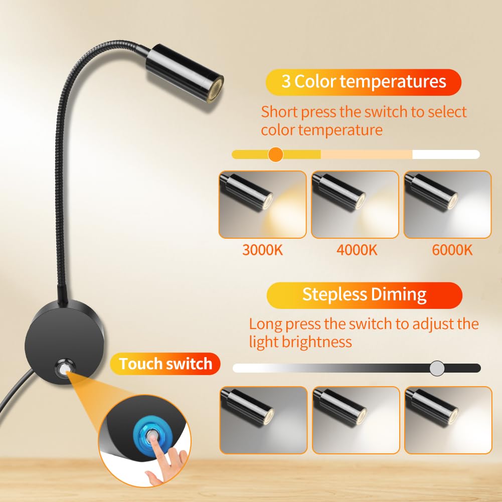 HOTUT Lampada da Lettura da Parete, Lampada da Lettura Sul Comodino a Collo di Cigno, Luce da Lettura da Comodino Dimmerabile, Applique da Lettura LED con Porta di Ricarica USB, 3000/4500/6000K