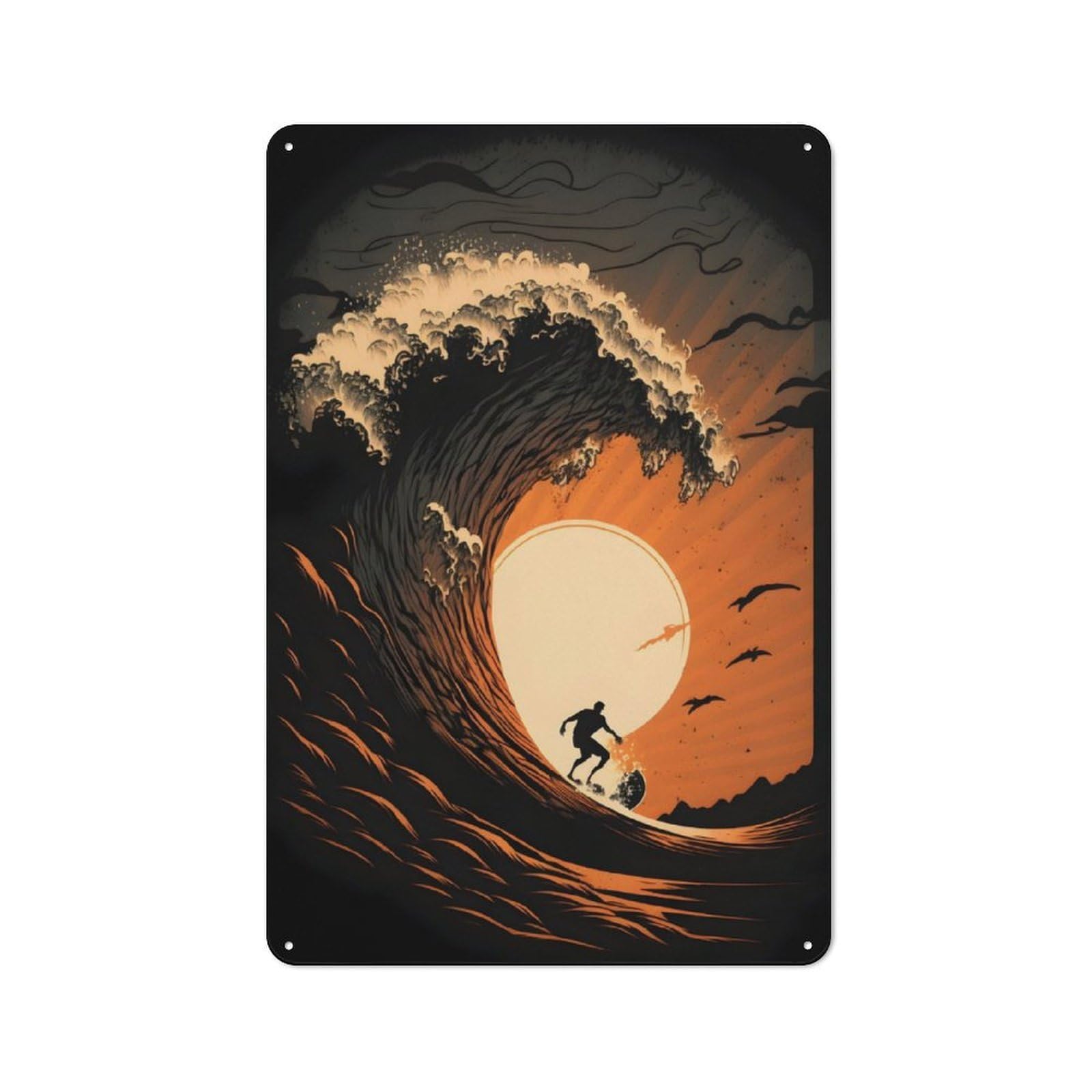 Junmoney Surfer Sunset Drawing Metal Wall Sign 30X20cm, Rustic Decor For Hallway Wall, For Metal Sign Collectors, For Garage And Workshop Walls