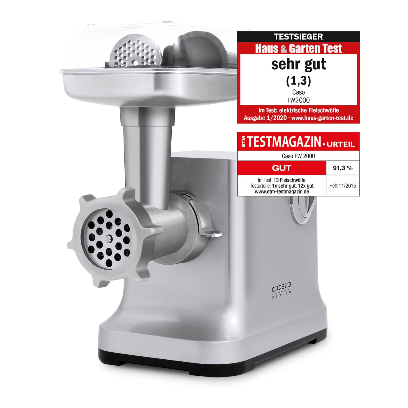 Caso FW2000 Elektrischer Fleischwolf, Testsieger Haus & Garten Test, inkl. Spritzgebäck, Aufsatz 800 W nominal, 2000 W locked, ca. 2kg/ Minute, Alu Guss Gehäuse