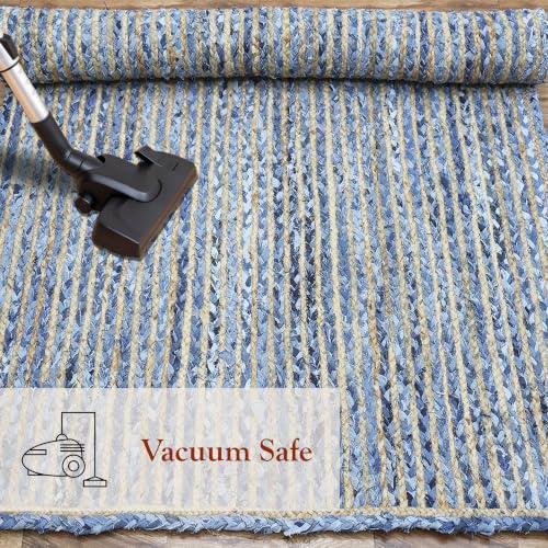 Tapis jute épais抗磨损客厅卧室蓝色几何条纹编织地毯 - 7