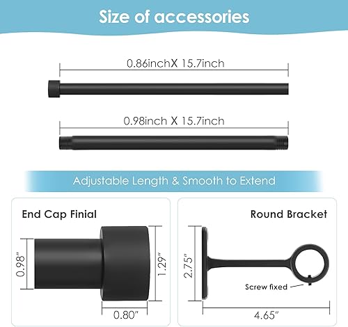Miniatura 4 de Barras de cortina ajustables telescópicas para ventanas de 32 a 120 pulgadas, barras de cortina de 1 pulgada, juego de cortineros rústicos negros,