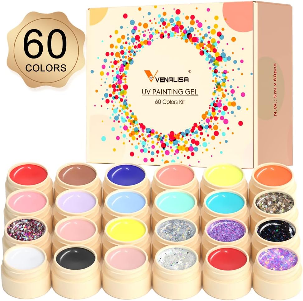 VENALISA Gel Paint Nail Art Set, 60 Colors Solid Gel Polish Art Kit, Professional Salon DIY Gift