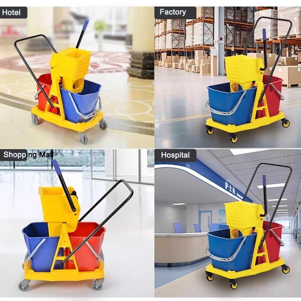 Secchio Commerciale per mop, strizzatore per la Pulizia del Secchio Doppio, Secchio Mobile per mop, con Dispositivo di strizzatura, Adatto per la Scuola (34l)