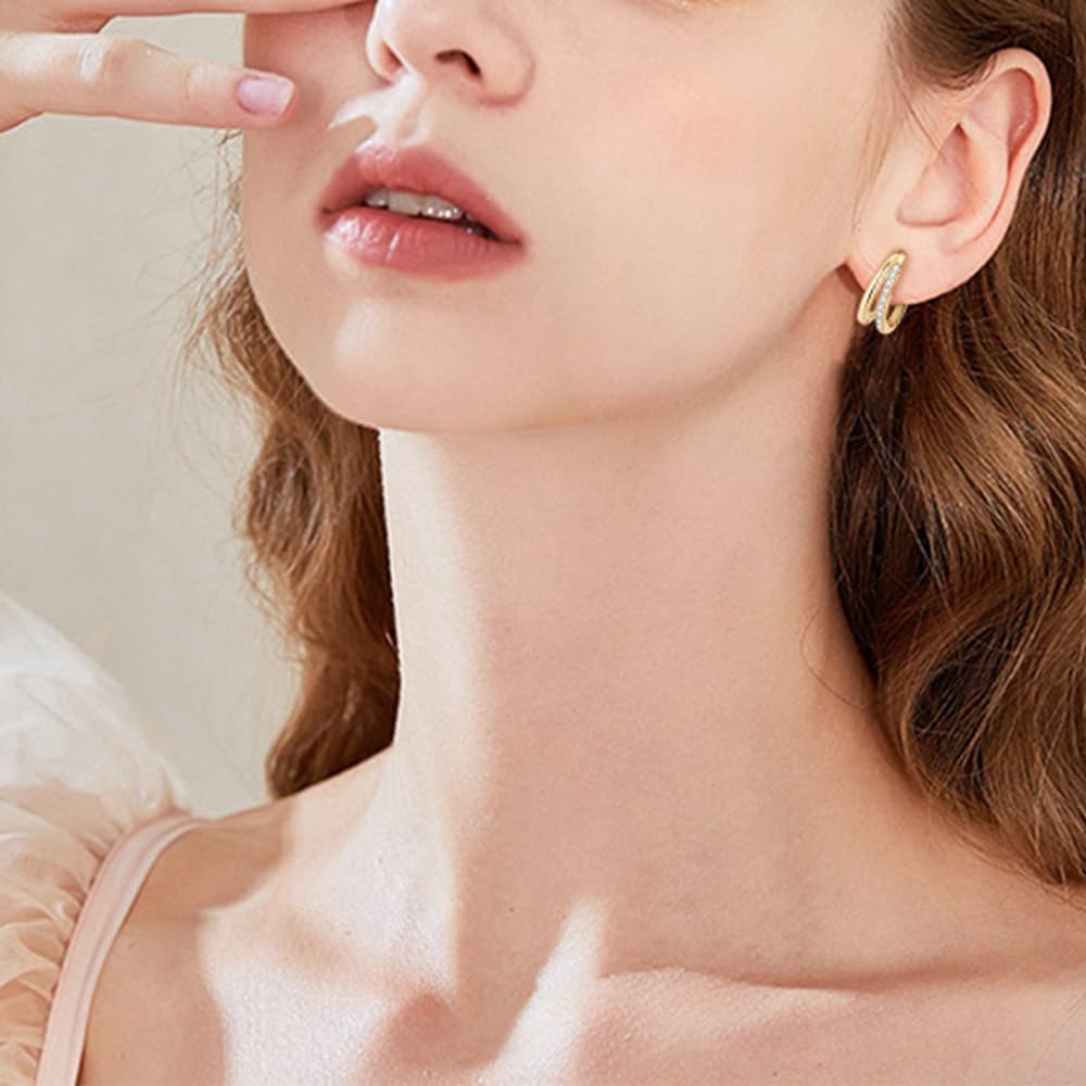 Pendientes de Doble aro para Mujer, Pendientes de aro de Plata, Oro de Ley, pequeños
