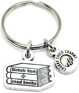 ChubbyChicoCharms Drink Tea and Read Books Pewter Charm On Stainless Steel Keyring Key Ring Key Chain Keychain for Women, Men, Teens, Young Adults