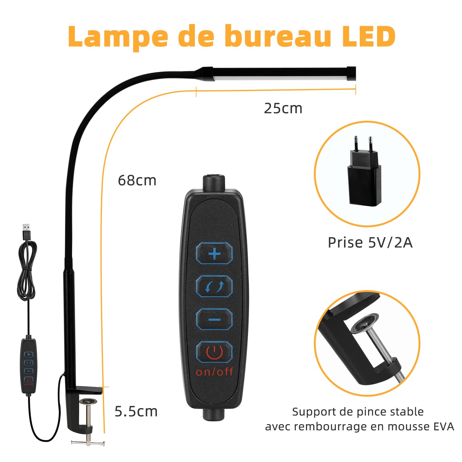 Lampe de bureau LED à pince – 3 modes de couleur et 10 niveaux de luminosité, lumière du jour, protection des yeux, lampe de lecture à col de cygne flexible – réglable à 360° – noir