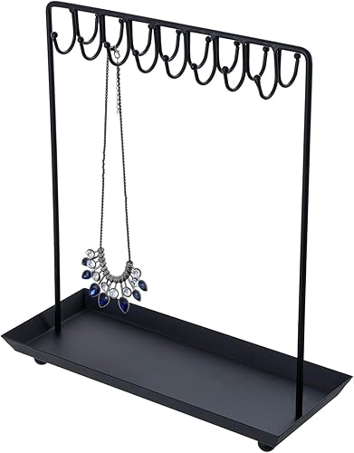 Miniatura 6 de MyGift Soporte de joyería de metal negro para mujer, soporte organizador de joyas para collares con 20 ganchos y bandeja para anillos, poste