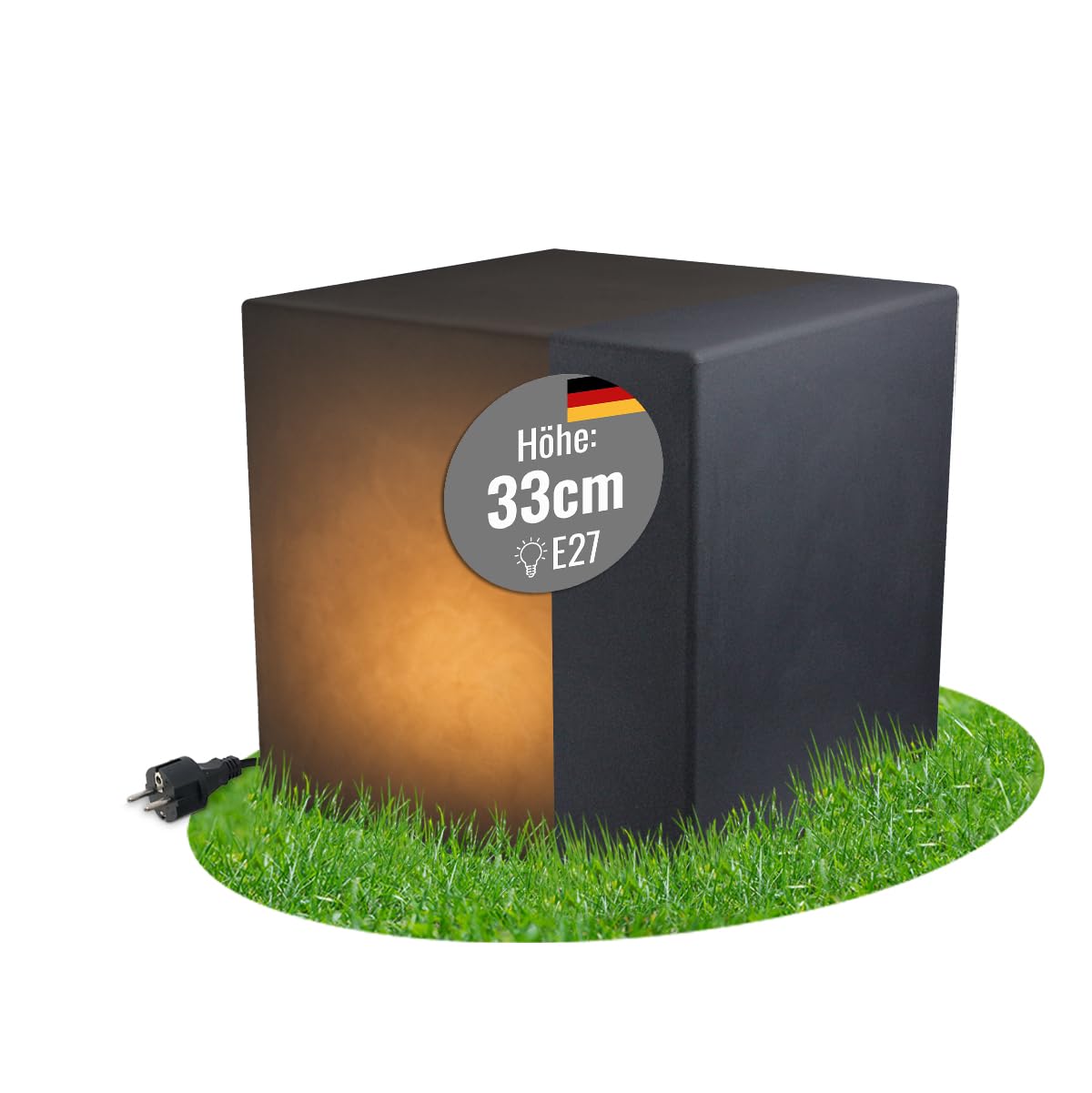 8 seasons design LED Würfel 33 cm, Shining Cube (Anthrazit) E27-Fassung, Leuchtmittel warmweiß – wetterfest – Leuchtwürfel für außen (Garten, Terrasse, Balkon) und innen – Beistelltisch, Hocker