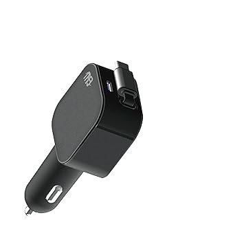 CNine Rapid Power Car Charger, 100W, Dual Port USB-C PD and USB-A, Built-in Retractable USB-C Cable, Black
