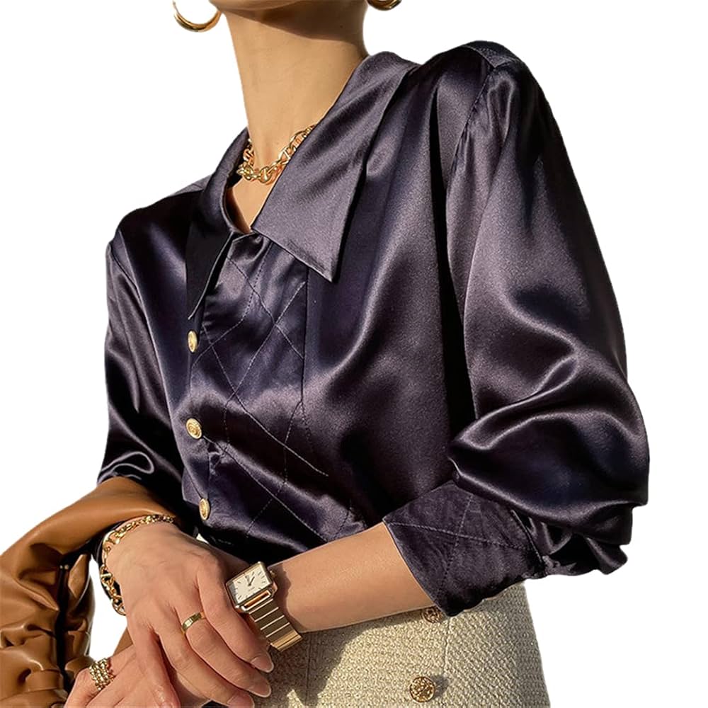 Amazon.com: Triacetate Shirt French Rhombus Top Long-Sleeved